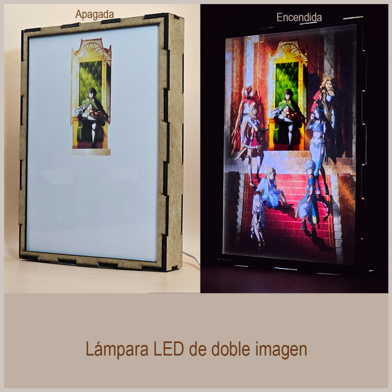 Lámpara ánime/manga  El héroe del escudo  con doble imagen del grupo Naofumi Iwatani, Raphtalia, Filo, Nadia, Fohl, Atla, Werner y Jaralis, vista apagada y encendida, donde se revela la ilustración completa al encender la luz LED.