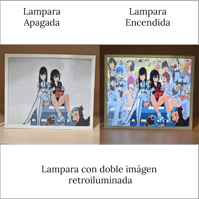 Lámpara ánime/manga  Kill la Kill  con doble imagen del grupo Ryuko Matoi, Satsuki Kiryūin, Mako Mankanshoku, Senketsu, Nonon Jakuzure, Ira Gamagōri, Mataro Mankanshoku, Houka Inumuta, Aikurō Mikisugi, Uzu Sanageyama, Tsumugu Kinagase, Barazo Mankanshoku y Mitsuzō Soroi, vista apagada y encendida, donde se revela la ilustración completa al encender la luz LED.