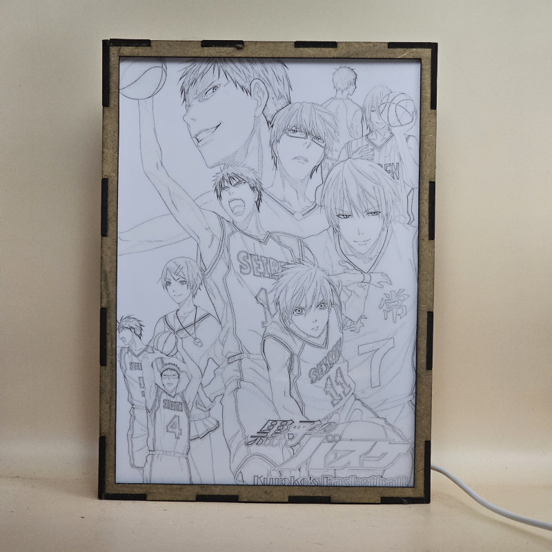Lámpara ánime/manga  Kuroko's Basketball  con doble imagen del grupo Taiga Kagami, Ryota Kise, Shintaro Midorima, Tetsuya Kuroko, Daiki Aomine, Atsushi Murasakibara, Seijuro Akashi, Riko Aida, Junpei Hyuga y Teppei Kiyoshi, vista apagada, se esconde la imágen de atras.