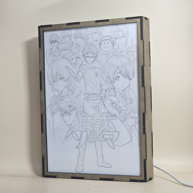 Lámpara ánime/manga  Food Wars!: Shokugeki no Soma  con doble imagen del grupo Sōma Yukihira, Erina Nakiri, Megumi Tadokoro, Shun Ibusaki, Saiba, Zenji Marui, Yūki Yoshino, Ryōko Sakaki, Satoshi Isshiki, Ikumi Mito, Isami Aldini y Takumi Aldini, vista apagada, se esconde la imágen de atras.
