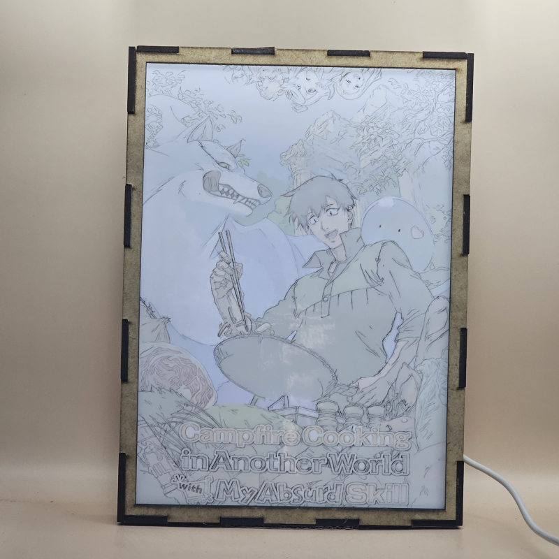 Lámpara ánime/manga  campfire cooking in another world with my absurd skill  con doble imagen del grupo Tsuyoshi Mukōda, Fel, Sui, Ninlil, Agni, Kishar y Rusalka, vista encendida, con luz ambiente, donde se revela la ilustración completa al encender la luz LED.
