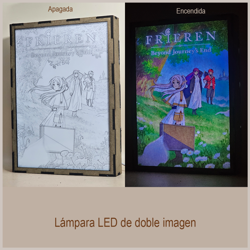 Lámpara ánime/manga  Frieren  con doble imagen del grupo Frieren, Fern y Stark, vista apagada y encendida, donde se revela la ilustración completa al encender la luz LED.