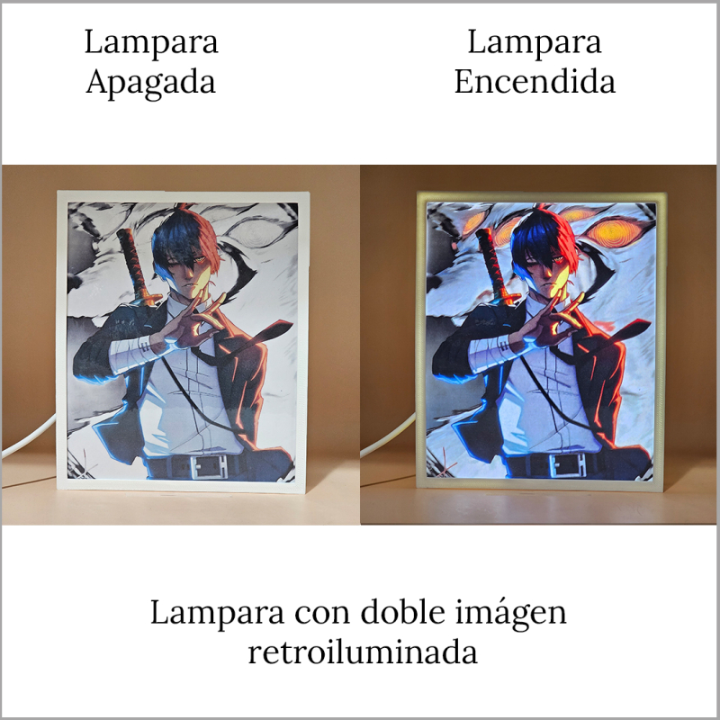 Lámpara ánime/manga  Chainsaw Man  con doble imagen del personaje Aki Hayakawa, vista apagada y encendida, donde se revela la ilustración completa al encender la luz LED.