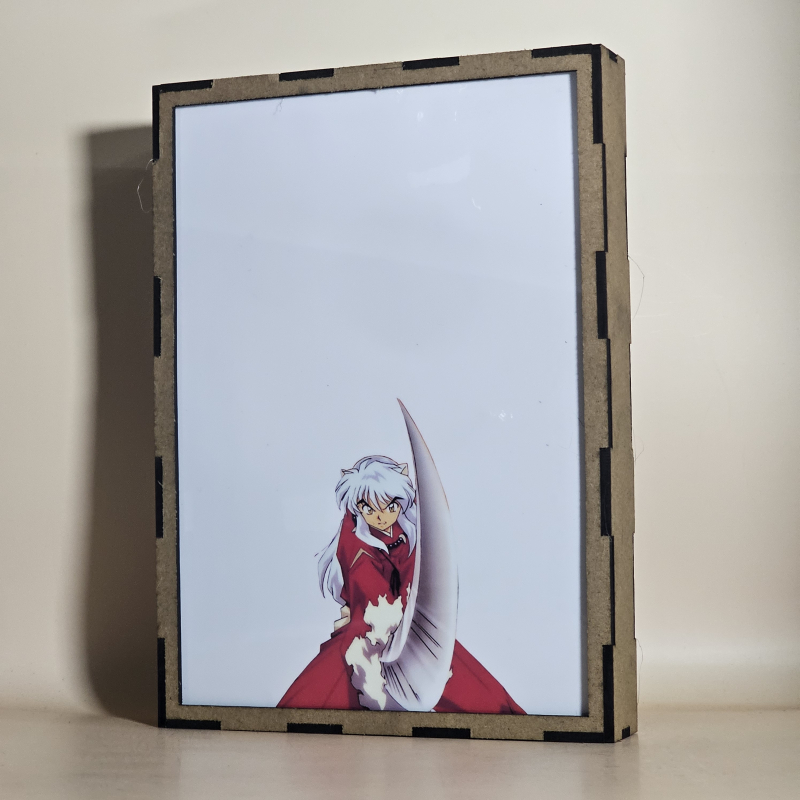 Lámpara ánime/manga  Inuyasha  con doble imagen del grupo Inuyasha, Kagome Higurashi, Sesshomaru, Shippo, Kirara, Miroku y Sango, vista apagada, se esconde la imágen de atras.