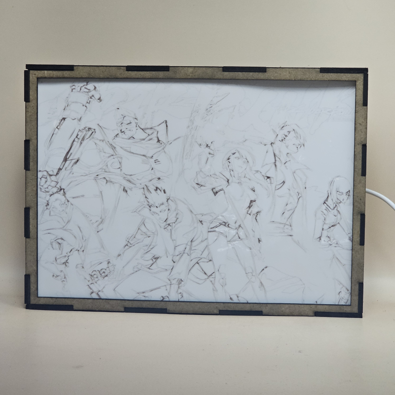 Lámpara ánime/manga  Cyberpunk: Edgerunners.  con doble imagen del grupo David Martínez, Lucyna Kushinada, Maine, Rebecca, Kiwi y Falco, vista apagada, se esconde la imágen de atras.