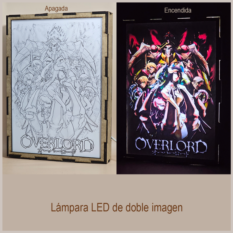 Lámpara ánime/manga  Overlord  con doble imagen del grupo Shalltear Bloodfallen, Aura Bella Fiora, Mare Bello Fiore, Demiurge, Cocytus, Sebas Tian, Momonga y Albedo, vista apagada y encendida, donde se revela la ilustración completa al encender la luz LED.