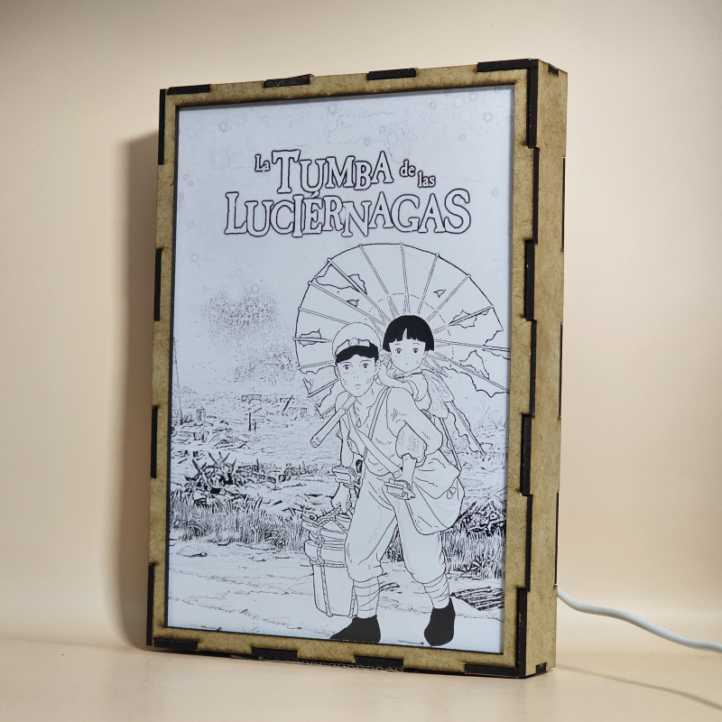 Lámpara ánime  La tumba de las luciernagas  con doble imagen de la pareja Seita y Setsuko, vista apagada, se esconde la imágen de atras.