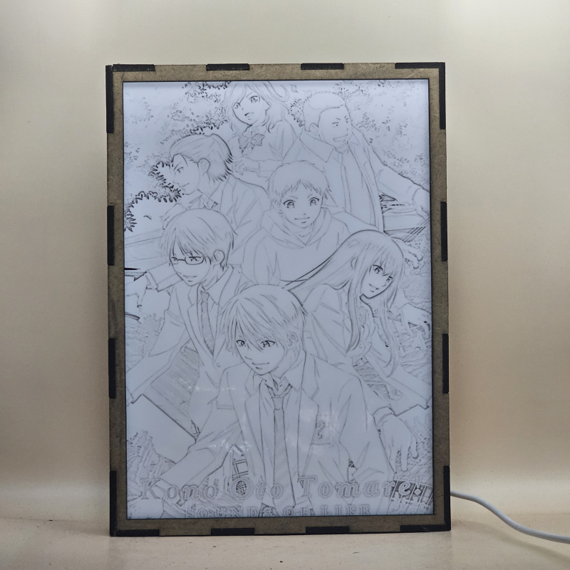 Lámpara ánime/manga  Kono Oto Tomare! Sounds of Life  con doble imagen del grupo Chika Kudo, Takezo Kurata, Satowa Hozuki, Kota Mizuhara, Saneyasu Adachi, Hiro Kurusu y Michitaka Sakai, vista apagada, se esconde la imágen de atras.
