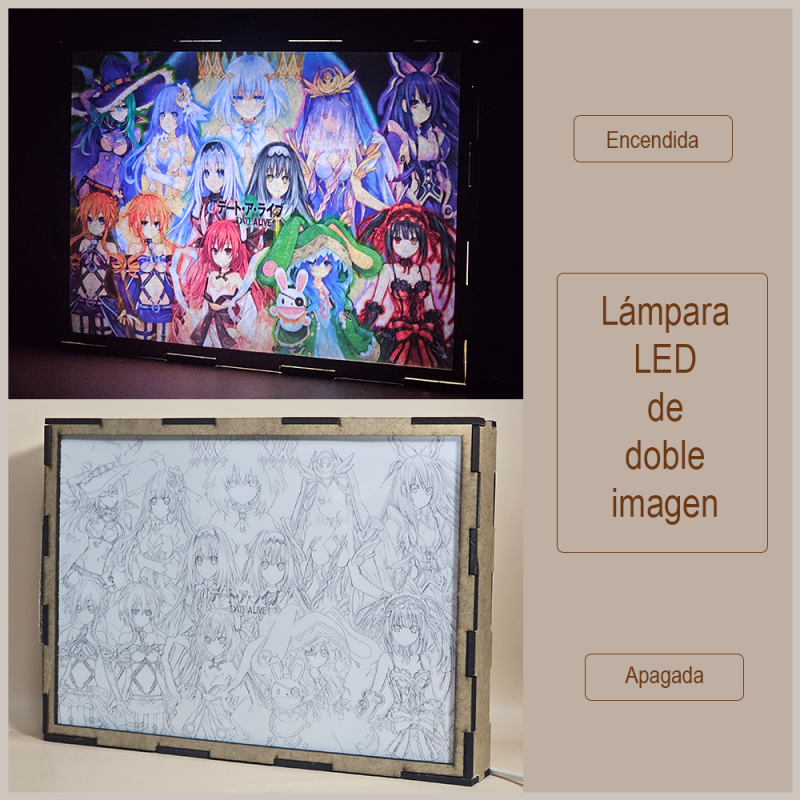 Lámpara ánime/manga  Date A Live  con doble imagen del grupo Tohka Yatogami, Kotori Itsuka, Yoshino Himekawa, Kaguya Yamai, Yuzuru Yamai, Miku Izayoi, Origami Tobiichi, Kurumi Tokisaki, Natsumi Kyouno, Maria Arusu y Marina Arusu, vista apagada y encendida, donde se revela la ilustración completa al encender la luz LED.