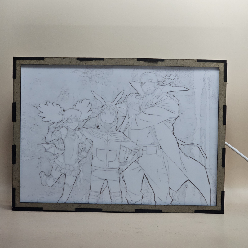 Lámpara ánime/manga  My Hero Academia: Vigilantes  con doble imagen del grupo Koichi Haimawari, Kazuho Haneyama y Iwao Oguro, vista apagada, se esconde la imágen de atras.