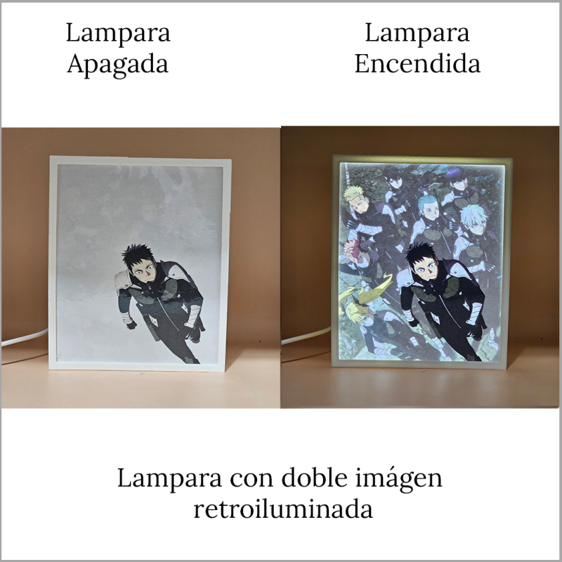 Lámpara ánime/manga  Kaiju No. 8  con doble imagen del grupo Kafka Hibino, Soshiro Hoshina, Kikoru Shinomiya, Reno Ichikawa, Mina Ashiro, Gen Narumi, Aoi Kaguragi y Haruichi Izumo, vista apagada y encendida, donde se revela la ilustración completa al encender la luz LED.