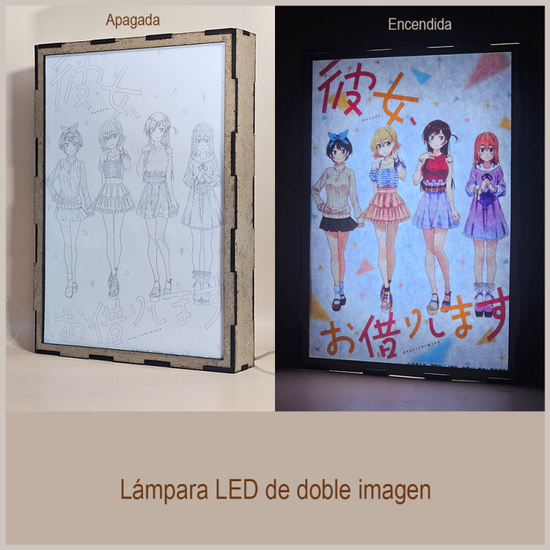 Lámpara ánime/manga  Rent-A-Girlfriend  con doble imagen del grupo Mami Nanami, Chizuru Mizuhara, Sumi Sakurasawa y Ruka Sarashina, vista apagada y encendida, donde se revela la ilustración completa al encender la luz LED.