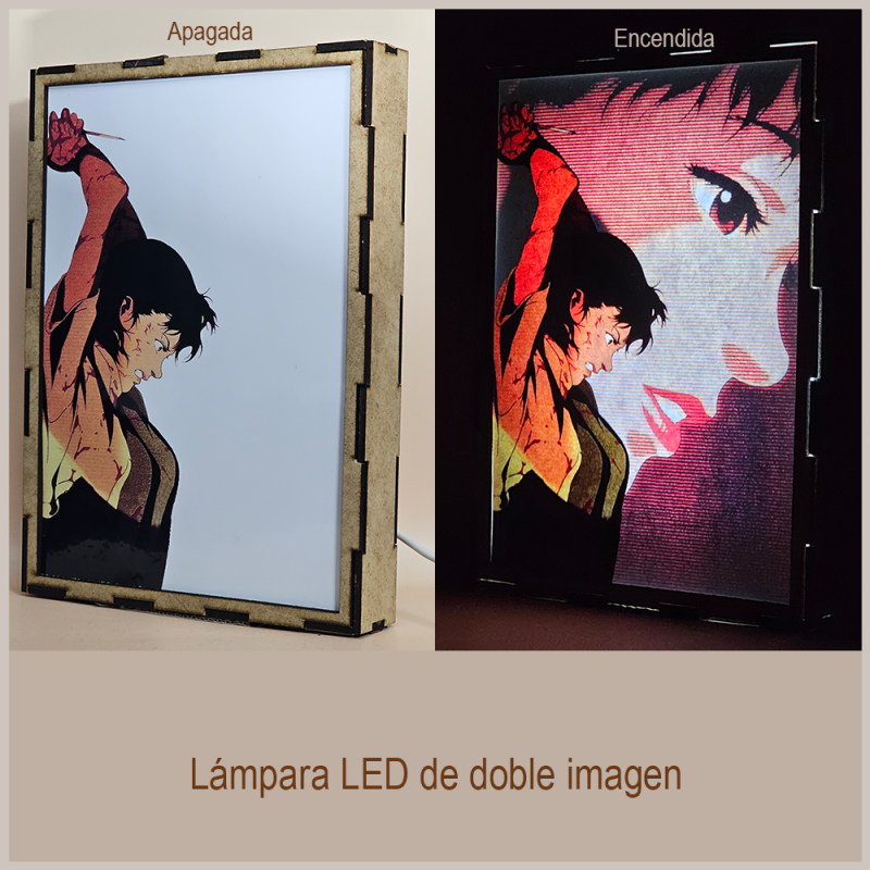 Lámpara ánime  Perfect Blue  con doble imagen del personaje Mima Kirigoe, vista apagada y encendida, donde se revela la ilustración completa al encender la luz LED.
