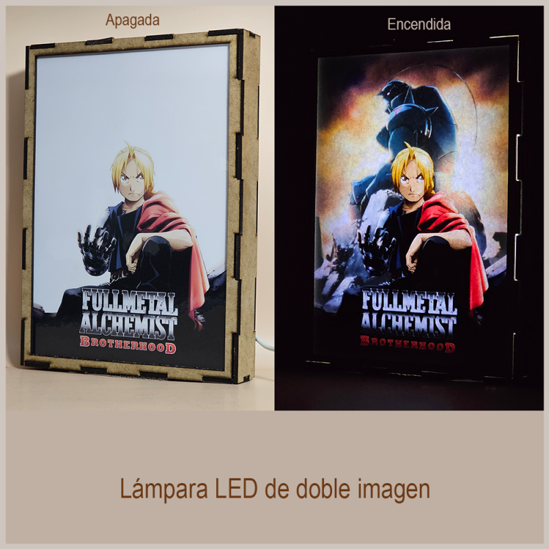 Lámpara ánime/manga  Fullmetal Alchemist: Brotherhood  con doble imagen del grupo Edward Elric y Alphonse Elric, vista apagada y encendida, donde se revela la ilustración completa al encender la luz LED.