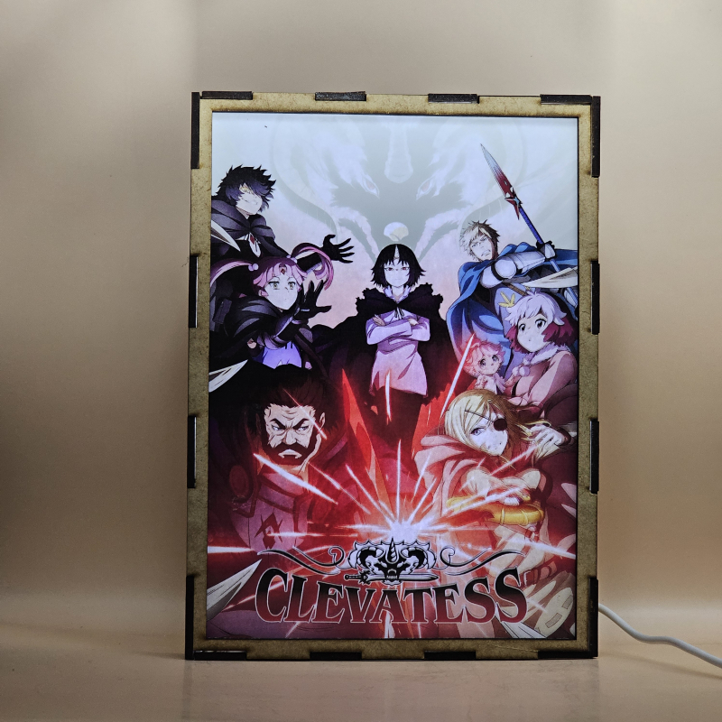 Lámpara ánime/manga  Clevatess  con doble imagen del grupo Klen, Alicia, Nelluru, Luna, Clevatess, Dorel, Naie, Maynard y Rod Royes, vista encendida, con luz ambiente, donde se revela la ilustración completa al encender la luz LED.