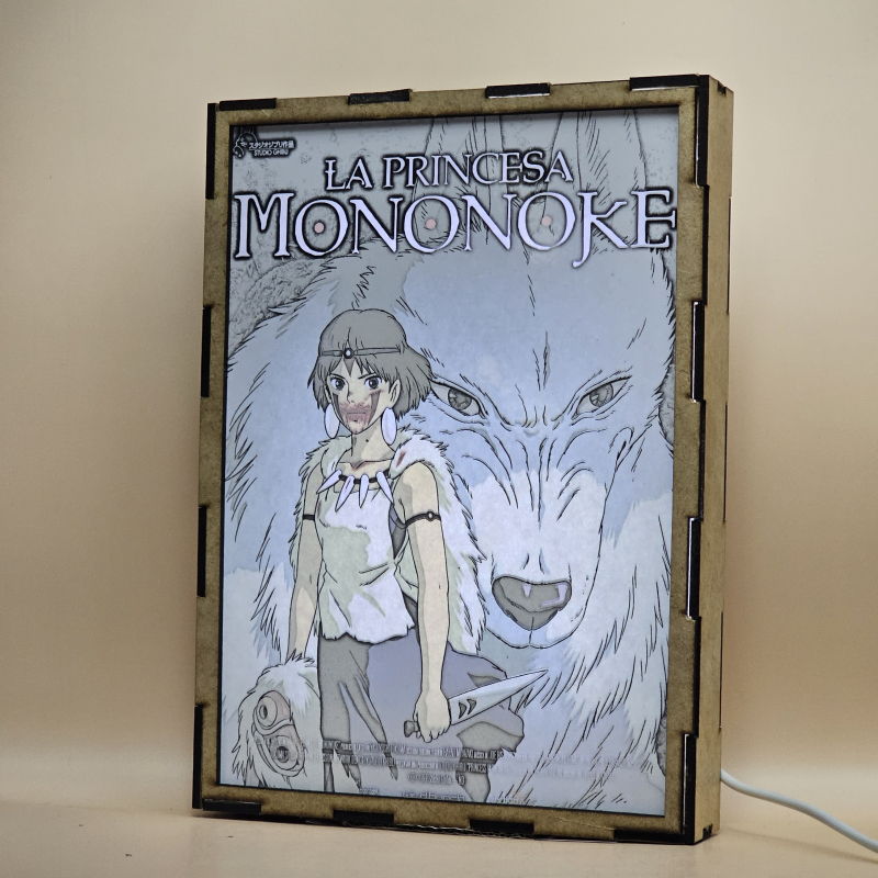 Lámpara ánime  La Princesa Mononoke  con doble imagen de la pareja San y Moro, vista encendida, con luz ambiente, donde se revela la ilustración completa al encender la luz LED.