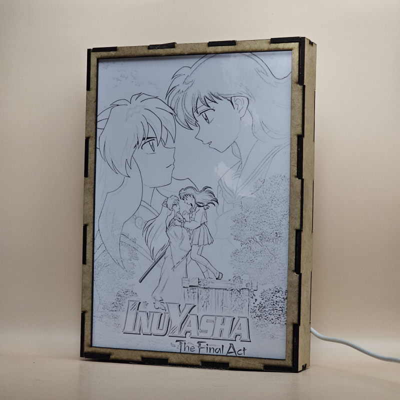 Lámpara ánime/manga  Inuyasha  con doble imagen de la pareja Inuyasha y Kagome Higurashi, vista apagada, se esconde la imágen de atras.