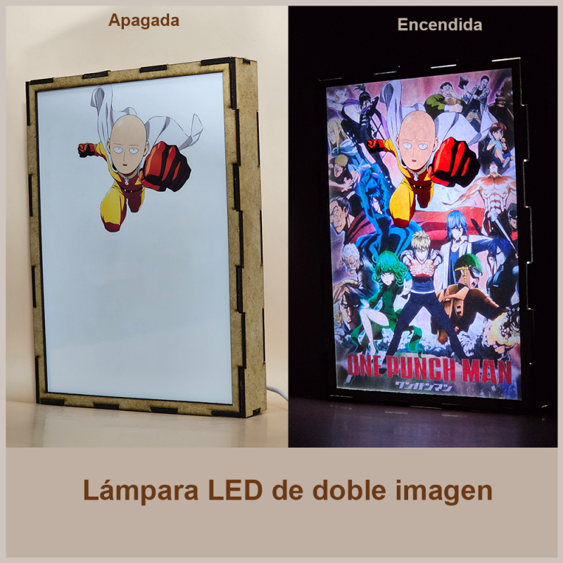 Lámpara ánime/manga  One Punch Man  con doble imagen del grupo Saitama, Genos, Tatsumaki, Bang, Atomic Samurai, Tanktop Master, Fubuki, Mumen Rider, Drive Knight, Zombieman, Doctor Kuseno, Superalloy Darkshine, Watchdog Man, King, Amai Mask, Pig God, Flashy Flash, Speed-o'-Sound Sonic, Child Emperor y Puri-Puri Prisoner, vista apagada y encendida, donde se revela la ilustración completa al encender la luz LED.