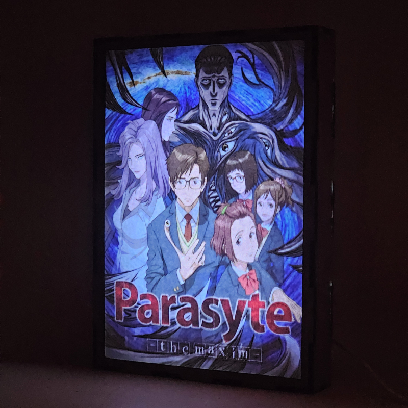 Lámpara ánime/manga  Parasyte  con doble imagen del grupo Migi, Satomi Murano, Ryoko Tamiya, Kana Kimishima, Yuko Tachikawa, Gotou y Shinichi Izumi, vista encendida, donde se revela la ilustración completa al encender la luz LED.