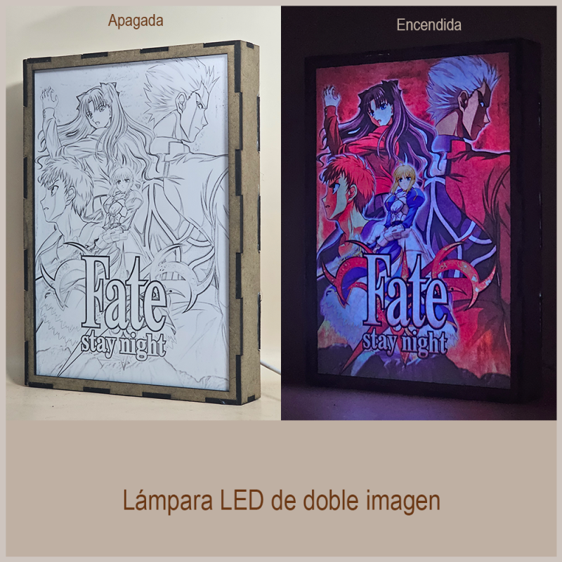 Lámpara ánime/manga  Fate/stay night  con doble imagen del grupo Shirou Emiya, Saber, Rin Tohsaka y EMIYA, vista apagada y encendida, donde se revela la ilustración completa al encender la luz LED.
