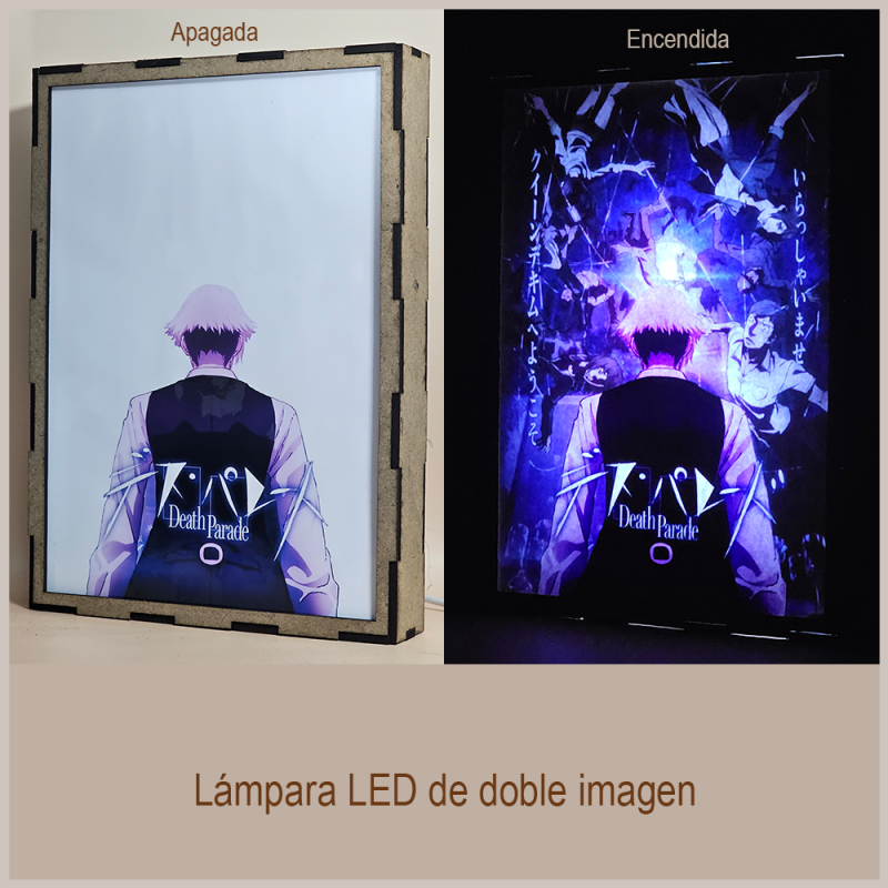 Lámpara ánime/manga  Death Parade  con doble imagen de la pareja Decim y Chiyuki, vista apagada y encendida, donde se revela la ilustración completa al encender la luz LED.