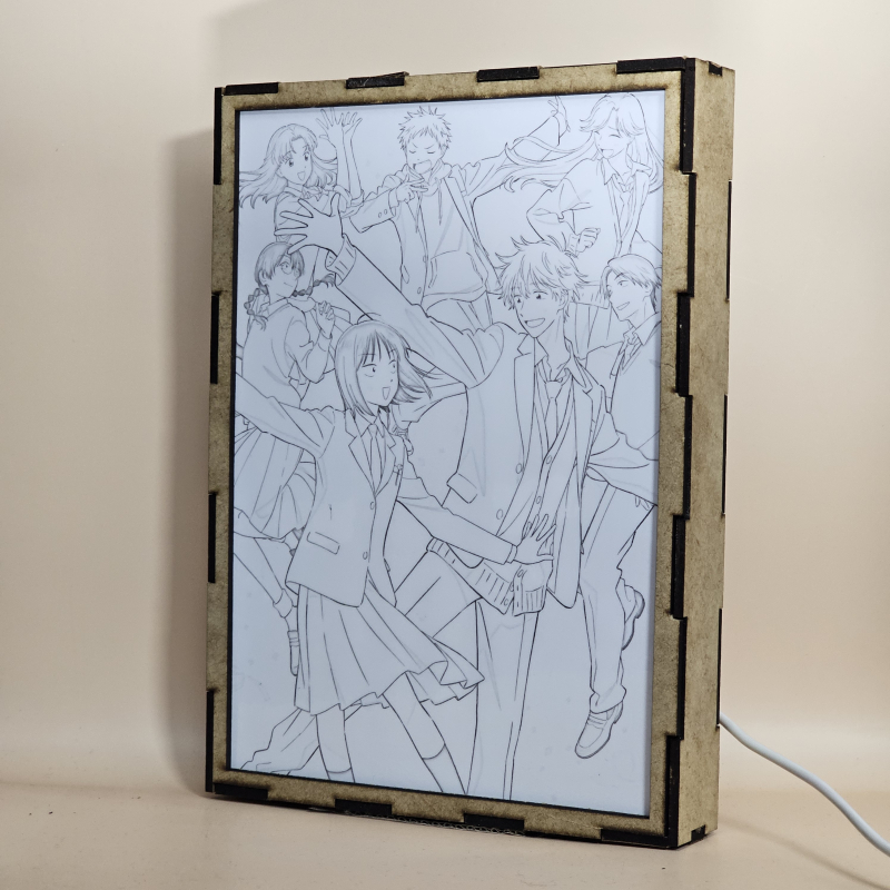 Lámpara ánime/manga  Skip to Loafer  con doble imagen del grupo Mitsumi Iwakura, Sosuke Shima, Mika Egashira, Yuzuki Murashige, Makoto Kurume, Kento Yamada y Tsukasa Mukai, vista apagada, se esconde la imágen de atras.