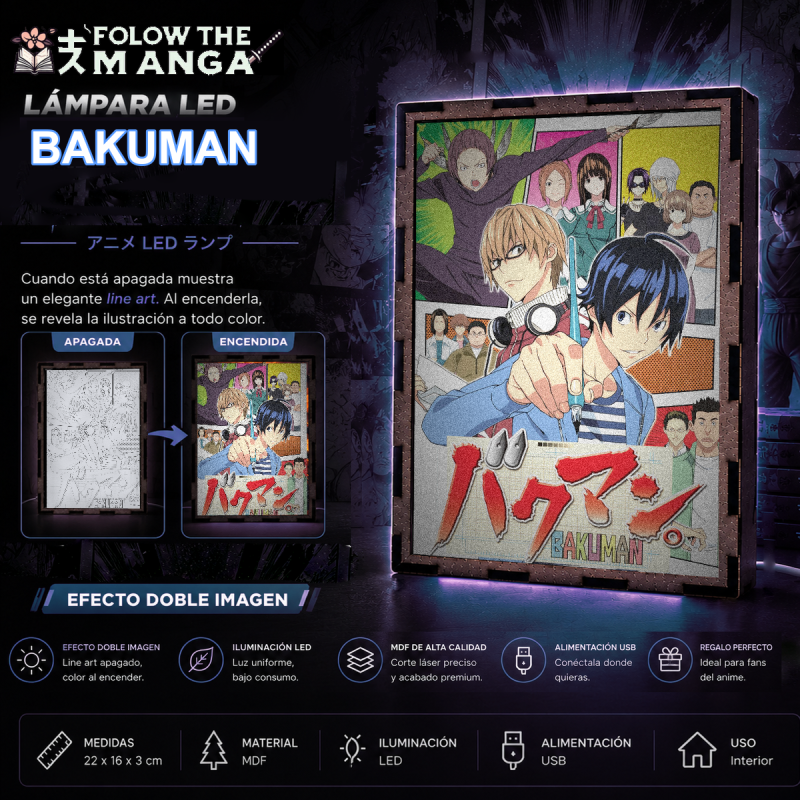 Lámpara LED de Bakuman con Moritaka Mashiro y Akito Takagi en una composición de viñetas