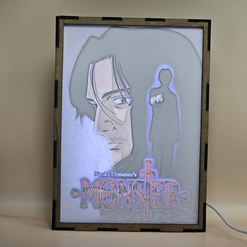 Lámpara ánime/manga  Monster  con doble imagen de la pareja Kenzo Tenma y Johan Liebert, vista encendida, con luz ambiente, donde se revela la ilustración completa al encender la luz LED.