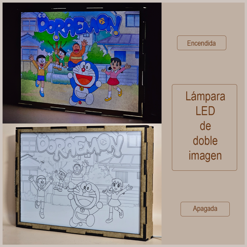 Lámpara ánime/manga  Doraemon, el gato cósmico  con doble imagen del grupo Doraemon, Nobita Nobi, Suneo Honekawa, Gigante y Shizuka Minamoto, vista apagada y encendida, donde se revela la ilustración completa al encender la luz LED.