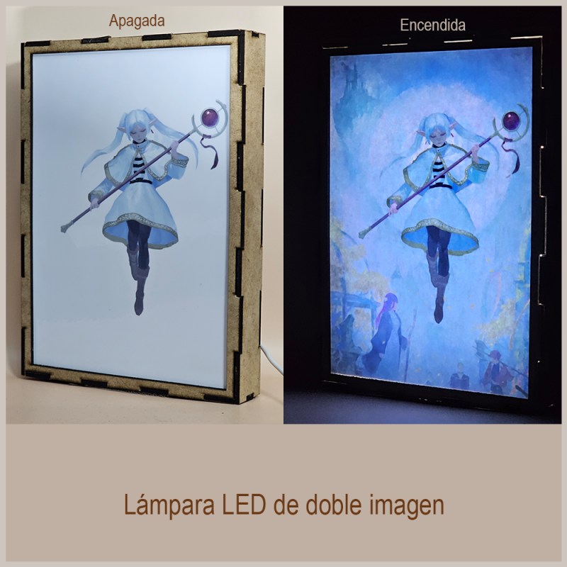 Lámpara ánime/manga  Frieren  con doble imagen del grupo Frieren, Himmel, Heiter, Fern, Eisen, Stark y Sein, vista apagada y encendida, donde se revela la ilustración completa al encender la luz LED.