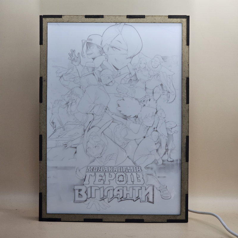 Lámpara ánime/manga  My Hero Academia: Vigilantes  con doble imagen del grupo Shota Aizawa, Koichi Haimawari, Kazuho Haneyama, Iwao Oguro, All Might, Midnight, Present Mic y Ingenium, vista apagada, se esconde la imágen de atras.