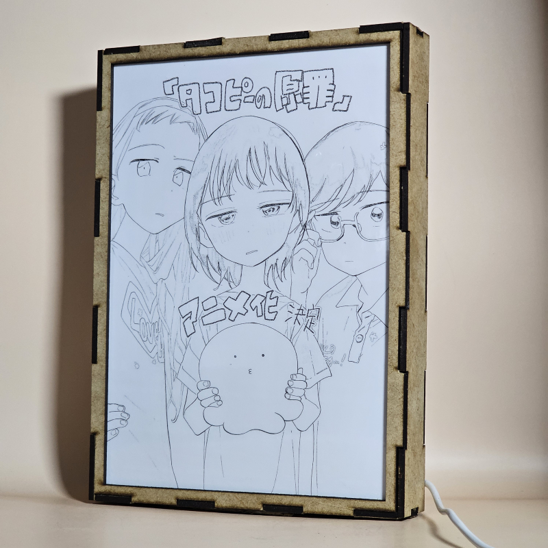 Lámpara ánime/manga  El pecado original de Takopi  con doble imagen del grupo Shizuka Kuze, Marina Kirarazaka, Takopi y Naoki Azuma, vista apagada, se esconde la imágen de atras.