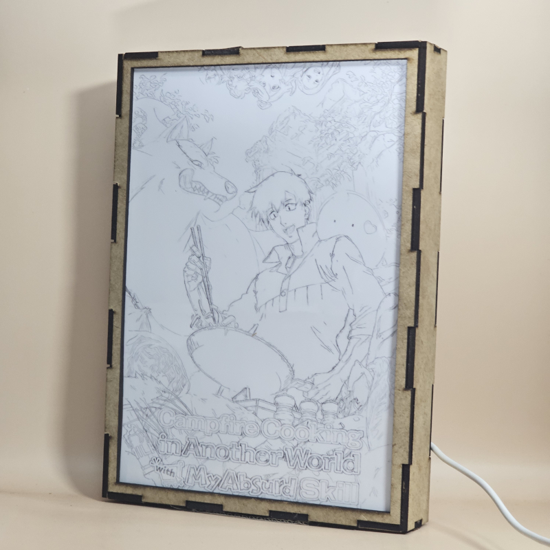 Lámpara ánime/manga  campfire cooking in another world with my absurd skill  con doble imagen del grupo Tsuyoshi Mukōda, Fel, Sui, Ninlil, Agni, Kishar y Rusalka, vista apagada, se esconde la imágen de atras.