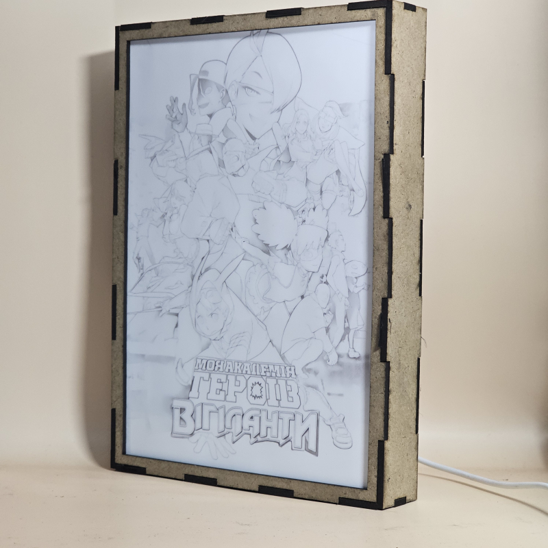 Lámpara ánime/manga  My Hero Academia: Vigilantes  con doble imagen del grupo Shota Aizawa, Koichi Haimawari, Kazuho Haneyama, Iwao Oguro, All Might, Midnight, Present Mic y Ingenium, vista apagada, se esconde la imágen de atras.