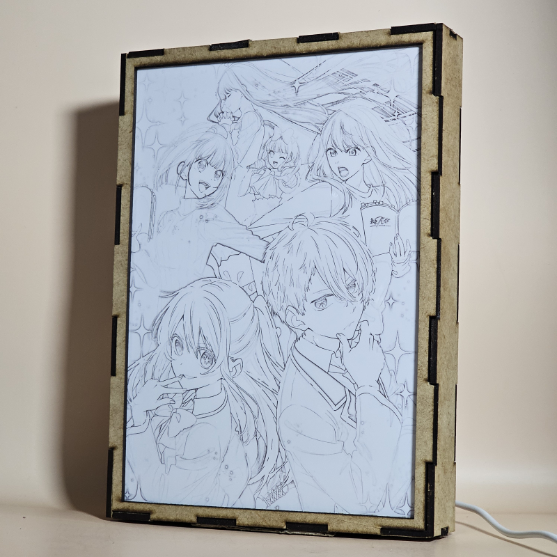 Lámpara ánime/manga  Oshi No Ko  con doble imagen del grupo Aquamarine Hoshino, Ruby Hoshino, Ai Hoshino, Akane Kurokawa, Kana Arima y Mem-Cho, vista apagada, se esconde la imágen de atras.