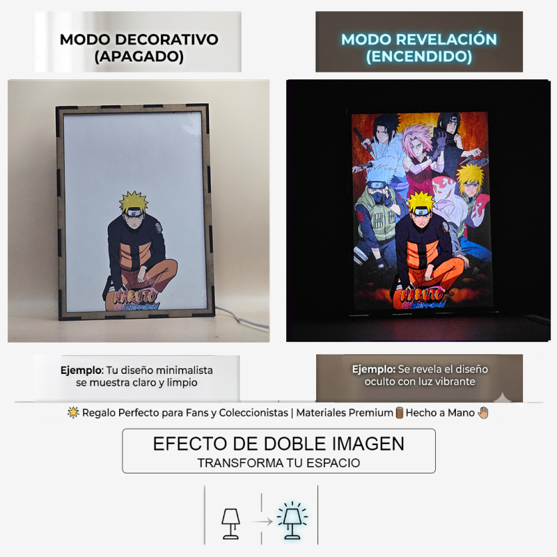 Lámpara ánime/manga  Naruto  con doble imagen del grupo Naruto Uzumaki, Sakura Haruno, Sasuke Uchiha, Itachi Uchiha, Minato Namikaze y Kakashi Hatake, vista apagada y encendida, donde se revela la ilustración completa al encender la luz LED.