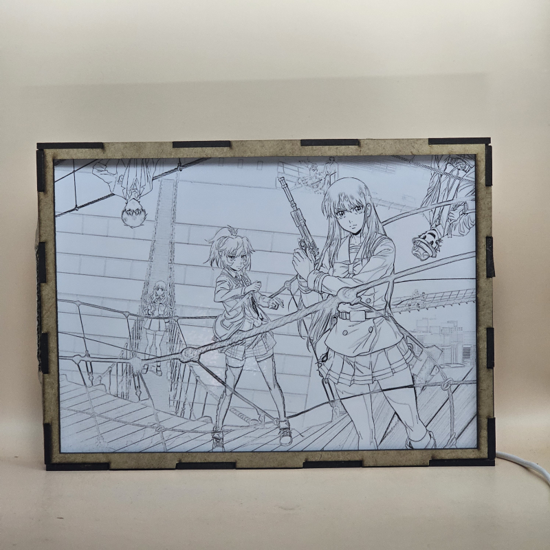 Lámpara ánime/manga  Tenku Shinpan  con doble imagen del grupo Yuri Honjo, Mayuko Nise, Kuon Shinzaki y Rika Honjo, vista apagada, se esconde la imágen de atras.