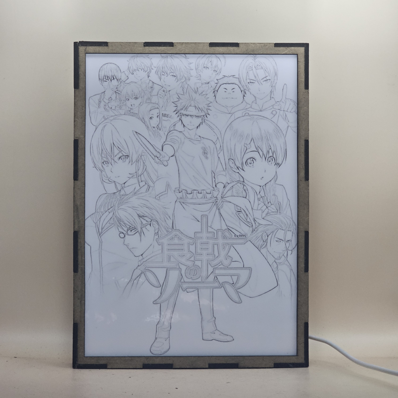 Lámpara ánime/manga  Food Wars!: Shokugeki no Soma  con doble imagen del grupo Sōma Yukihira, Erina Nakiri, Megumi Tadokoro, Shun Ibusaki, Saiba, Zenji Marui, Yūki Yoshino, Ryōko Sakaki, Satoshi Isshiki, Ikumi Mito, Isami Aldini y Takumi Aldini, vista apagada, se esconde la imágen de atras.