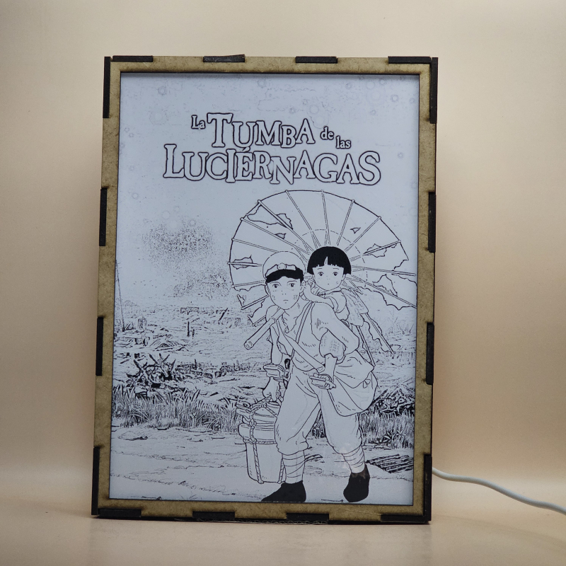 Lámpara ánime  La tumba de las luciernagas  con doble imagen de la pareja Seita y Setsuko, vista apagada, se esconde la imágen de atras.