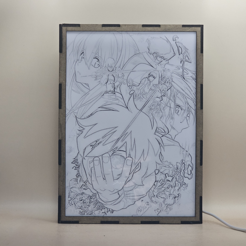 Lámpara ánime/manga  Kekkai Sensen  con doble imagen del grupo Leonardo Watch, Klaus von Reinherz, Zapp Renfro, Mary Macbeth, William Macbeth, Steven A. Starphase, Chain Sumeragi, Gilbert F. Altstein y Sonic, vista apagada, se esconde la imágen de atras.