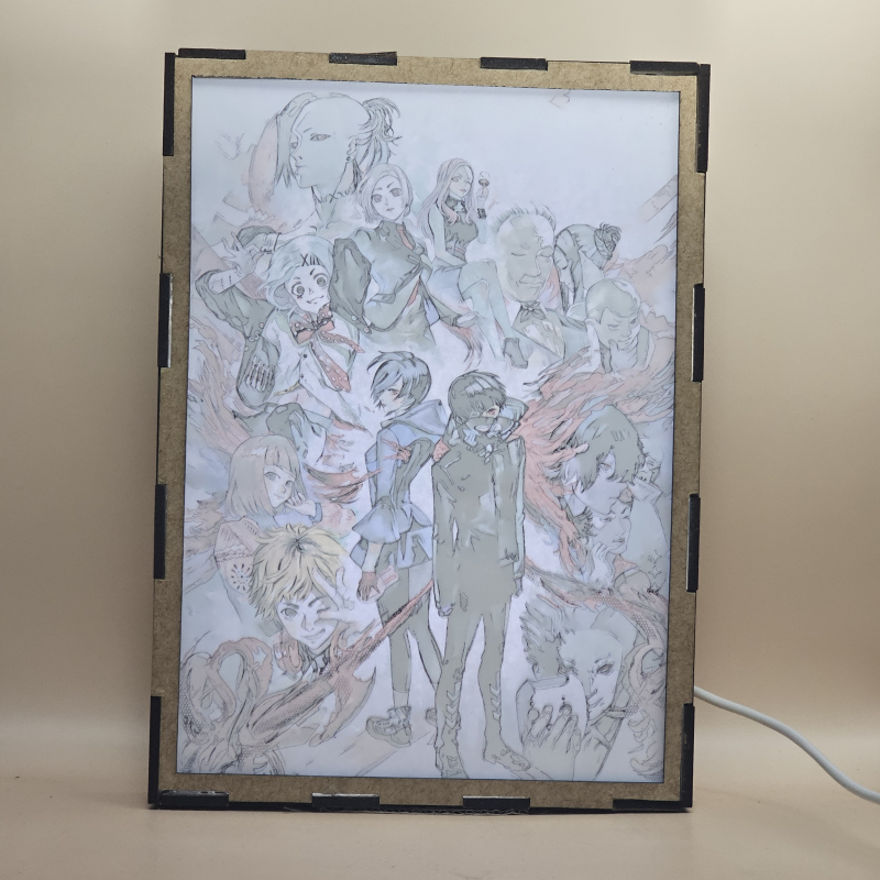 Lámpara ánime/manga  Tokyo Ghoul  con doble imagen del grupo Ken Kaneki, Touka Kirishima, Hide, Juuzou Suzuya, Uta, Rize Kamishiro y Hinami Fueguchi, vista encendida, con luz ambiente, donde se revela la ilustración completa al encender la luz LED.