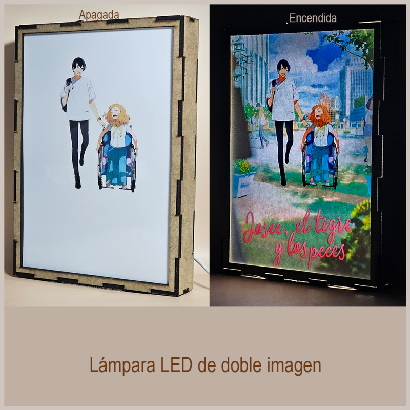 Lámpara ánime  Josee, el tigre y los peces  con doble imagen de la pareja Kumiko Yamamura y Tsuneo Suzukawa, vista apagada y encendida, donde se revela la ilustración completa al encender la luz LED.