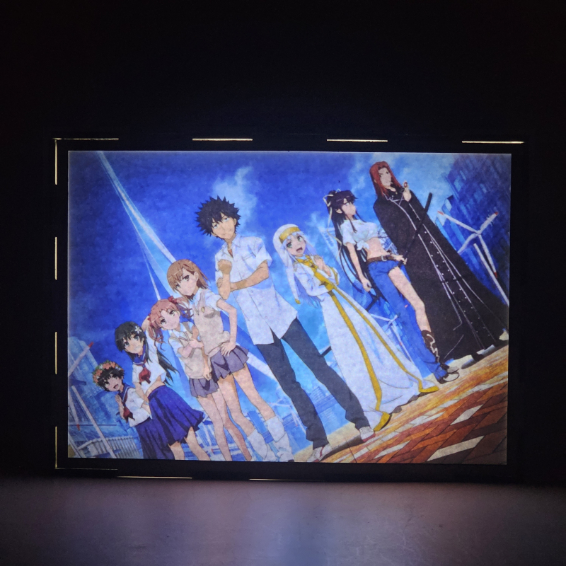 Lámpara ánime/manga  Toaru Majutsu no Index  con doble imagen del grupo Uiharu Kazari, Stiyl Magnus, Kanzaki Kaori, Index, Kamijou Touma, Misaka Mikoto, Shirai Kuroko y Saten Ruiko, vista encendida, donde se revela la ilustración completa al encender la luz LED.