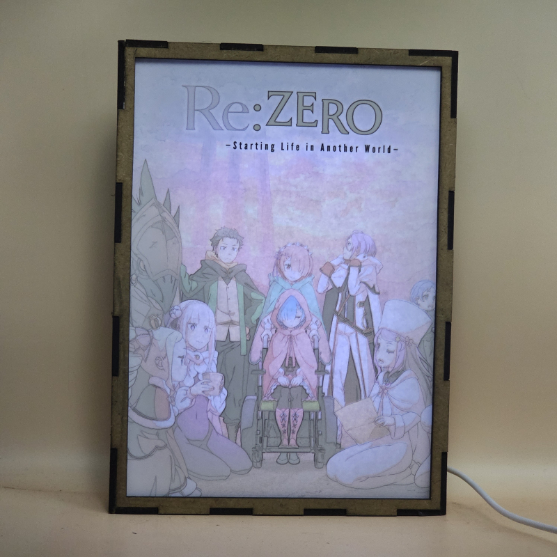 Lámpara ánime/manga  Re:Zero  con doble imagen del grupo Subaru Natsuki, Emilia, Rem, Ram, Beatrice, Patrasche, Julius Juakulius, Anastasia Hoshin y Meili Portroute, vista encendida, con luz ambiente, donde se revela la ilustración completa al encender la luz LED.