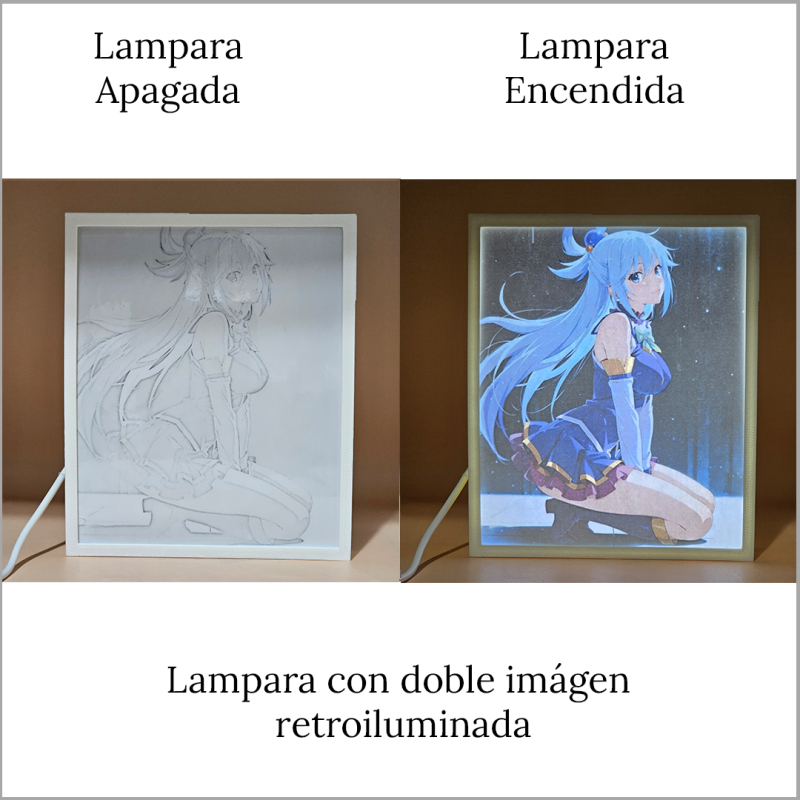 Lámpara ánime/manga  KonoSuba  con doble imagen del personaje Aqua, vista apagada y encendida, donde se revela la ilustración completa al encender la luz LED.