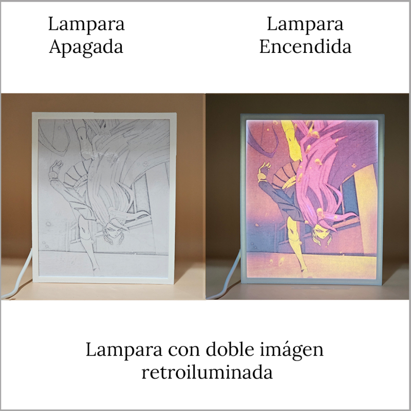 Lámpara ánime/manga  DAN DA DAN  con doble imagen del personaje Aira Shiratori, vista apagada y encendida, donde se revela la ilustración completa al encender la luz LED.
