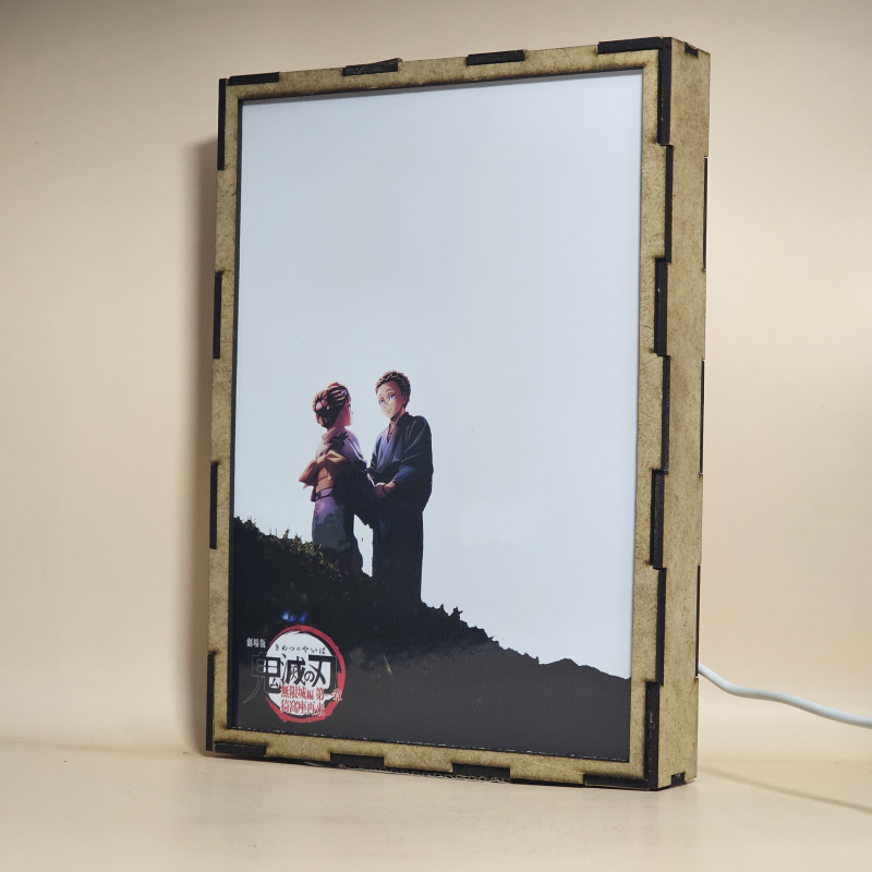 Lámpara ánime/manga  Kimetsu no Yaiba  con doble imagen de la pareja Akaza y Koyuki, vista apagada, se esconde la imágen de atras.