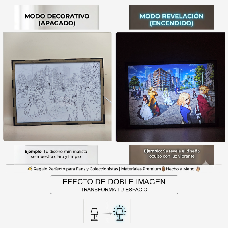 Lámpara ánime/manga  Fate/strange Fake -Whispers of Dawn  con doble imagen del grupo Saber, Ayaka Sajyou, Lancer, Archer y Tiné Chelc, vista apagada y encendida, donde se revela la ilustración completa al encender la luz LED.