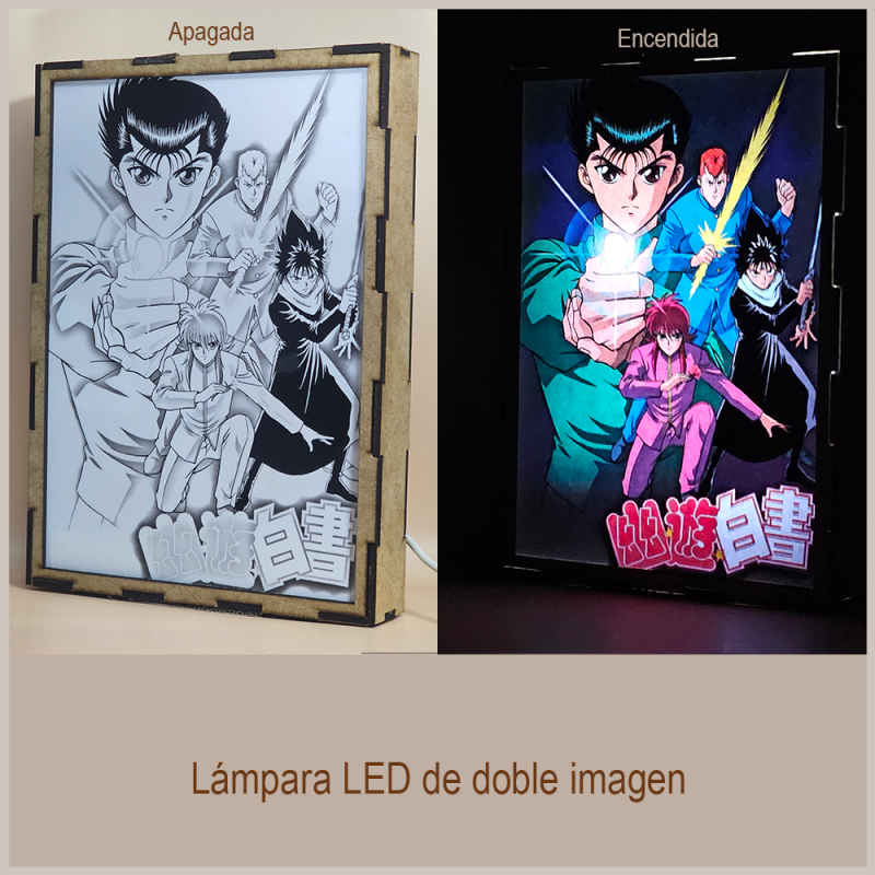Lámpara ánime/manga  Yu Yu Hakusho: Ghost Files  con doble imagen del grupo Kurama, Yusuke Urameshi, Kazuma Kuwabara y Hiei, vista apagada y encendida, donde se revela la ilustración completa al encender la luz LED.