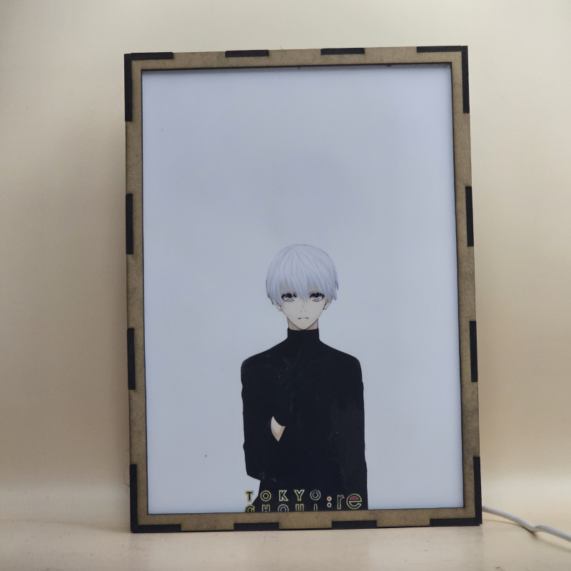 Lámpara ánime/manga  Tokyo Ghoul  con doble imagen del grupo Ken Kaneki, Touka Kirishima, Koutarou Amon, Rize Kamishiro, Akira Mado, Renji Yomo, Hideyoshi Nagachika y Hinami Fueguchi, vista apagada, se esconde la imágen de atras.